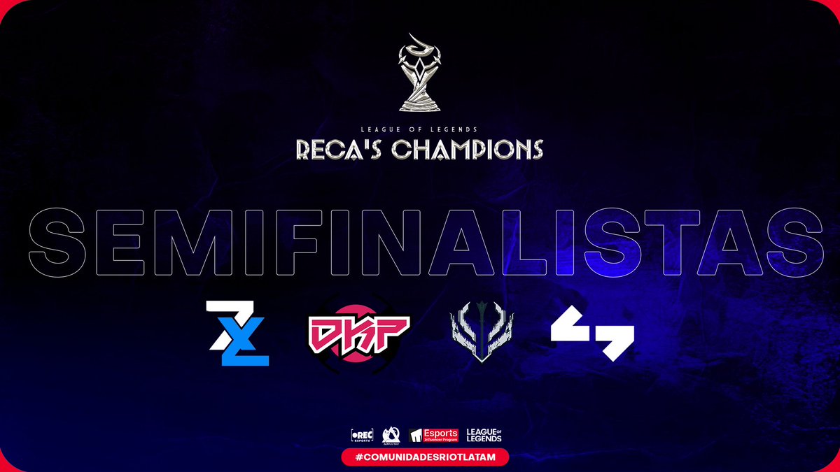 🏆☄️#RECASCHAMPIONS☄️🏆 
Felicitamos a los 4 equipos que llegaron a semifinales 🔥

<a href="/ZRX_ESPORTS/">Zephyr X eSports</a> 🆚 <a href="/DarkProjectgg/">Dark Project</a> 
<a href="/GB2eSports/">GB2 eSports</a> 🆚 <a href="/1stGamingGG/">First Gaming</a> 
 
Nos vemos la próxima semana! 
#ComunidadesriotLatam
#recasaquero
#EIP