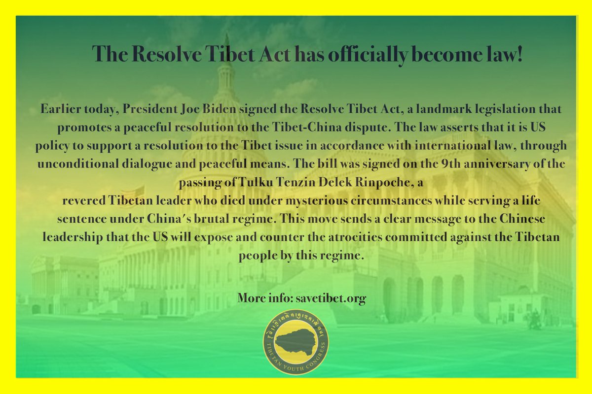 TYCentrex's tweet photo. The Resolve Tibet Act has officially become law! TYC express our sincere gratitude to all the individuals and organizations who have made a huge contribution in making this happen today.
#USA #law #support #tibet https://t.co/wtZ4k3IATK