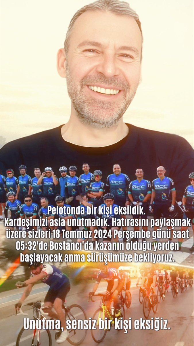 Sensiz ilk yılımızdı.
Seni anmadigimiz dakikamiz olmadı.
Mekanın cennet olsun.
Senin hatirani bir nebze yaşatmak, seninle kalben sürmek için, 18/07/2024 05:32 icin surus actik. Tüm seni sevenlerle beraber pedal çevireceğiz.
Seni ve gülen yüzünü hiç unutmadık
😔
