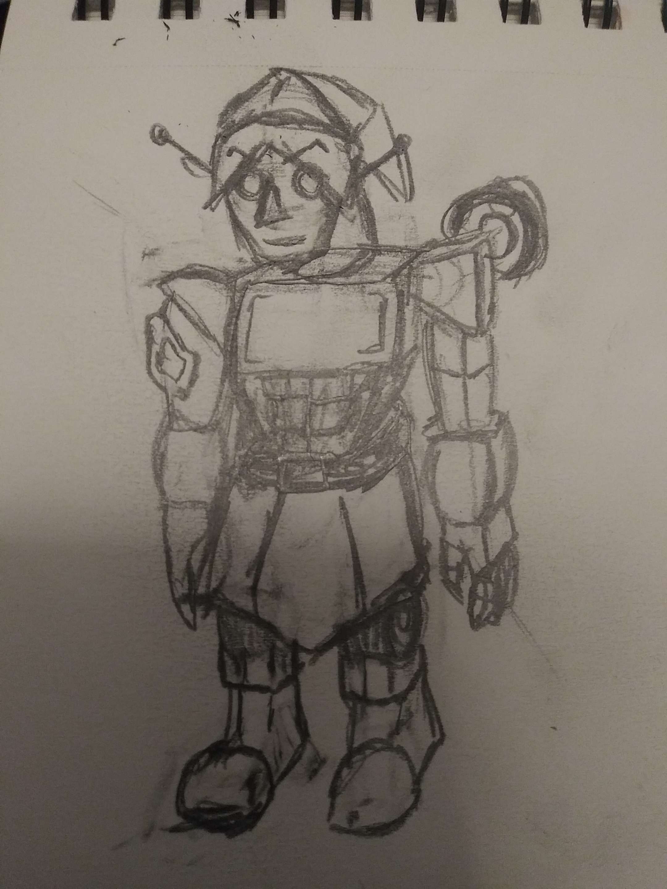 A black and white traditional sketch of a transformer version of Link from the legend of zelda franchise. He has wheels as his knees and a third wheel jutting off of one shoulder, and has little antennae instead of ears.