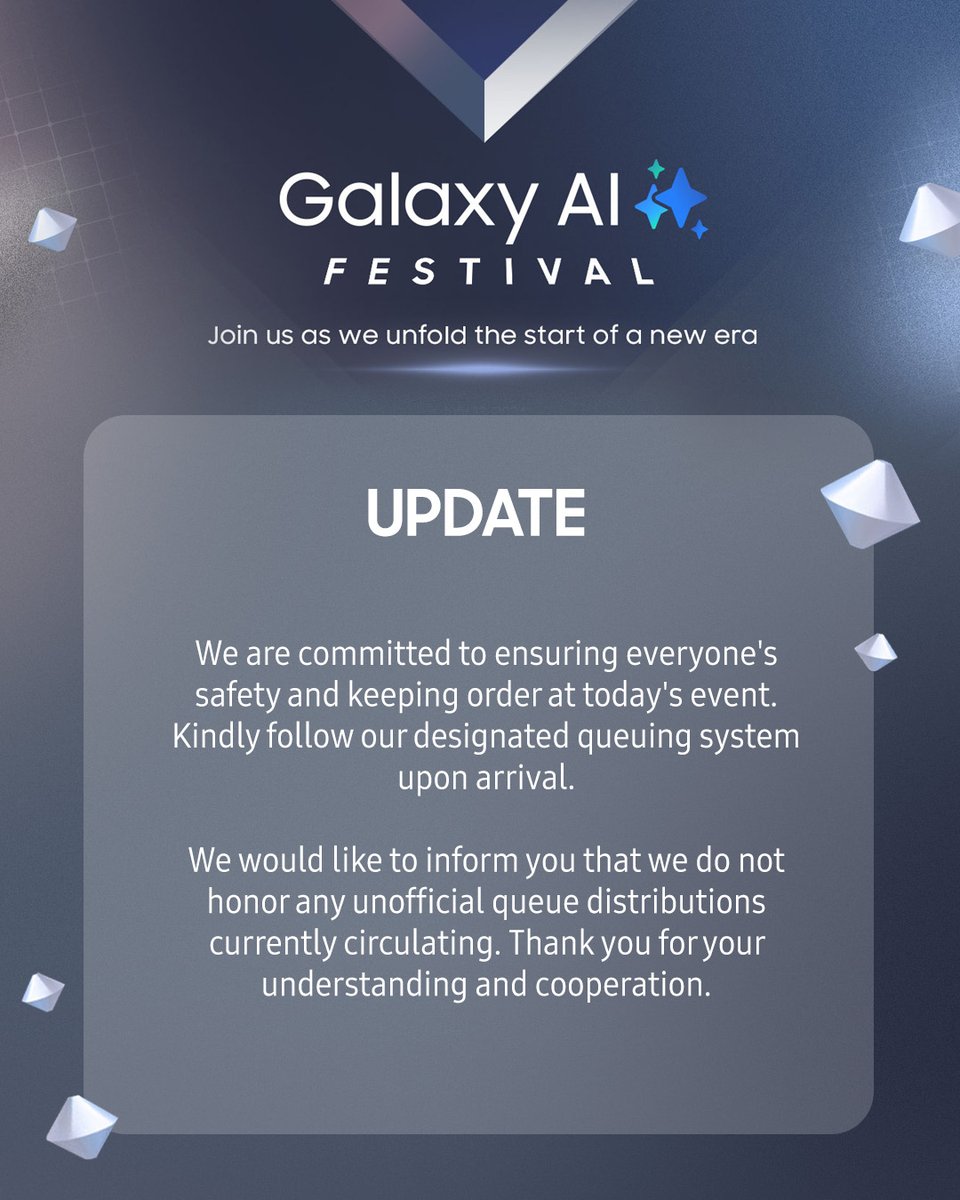 SamsungPH's tweet photo. ⚠️ #GalaxyAIFestival UPDATE

We are committed to ensuring everyone's safety &amp; keeping order at today's event. Kindly follow our designated queuing system upon arrival. Thank you for your understanding and cooperation. https://t.co/xpb9SbzlY8