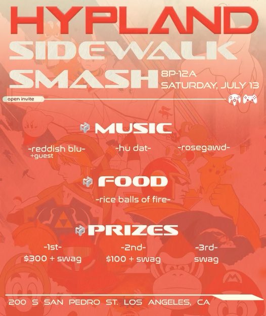 NiceGuyRy's tweet photo. We back at it! Hosting a Super Smash Bros Tournament this Saturday night with @hypland at their brand new venue in Downtown LA’s Little Tokyo! Registration is FREE🔥 Featuring CASH prizes, onsite DJ, food truck, merchandise, and more! Hit me up for more details &amp; see you there😎 https://t.co/osQhHlA11W