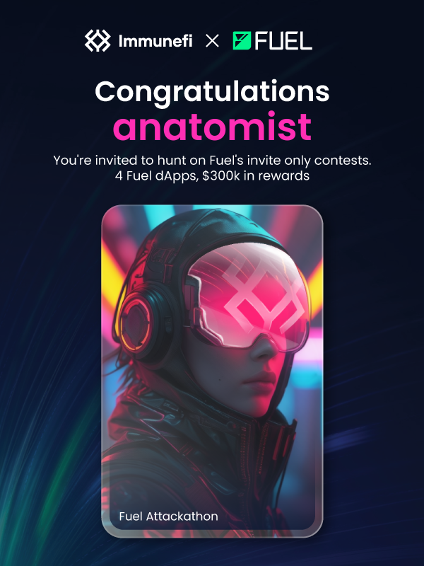 immunefi's tweet photo. Sneak peak of a few security researchers who found a bug on the #FuelAttackathon 

A job well done
- @UGWST_COM 
- @jecikpo 
- anatomist

Find yourself a bug to earn an invite to @fuel_network 's 4 invite-only contests, with $300,000 in rewards https://t.co/Uhdm6fRiDR