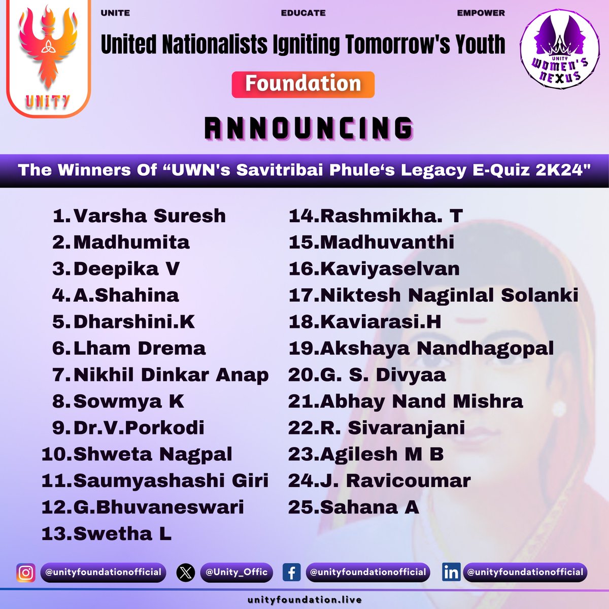Unity_Offic's tweet photo. Celebrating Excellence at “Savitribai Phule‘s Legacy E-Quiz 2K24"!

We're thrilled to announce the top 25 rank holders who outshone in the “UWN's Savitribai Phule‘s Legacy E-Quiz 2K24"! Congratulations to these bright minds for their exceptional performance. #UNITYFoundation https://t.co/NuUTcTJstd