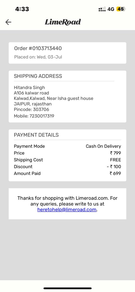 HitandraRathore's tweet image. I ordered a product from @limeroadcom but received the wrong item instead of resolving the problem Limeroad is refusing to process of return ,this is unacceptable #CustomerServiceFail #onlineshopping #ScamAlert