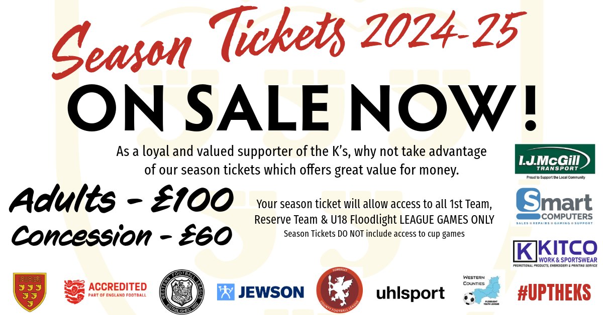 Season Tickets 2024-25 - ON SALE NOW!

Your season ticket will allow access to all 1st Team, Reserve Team &amp; U18 Floodlight LEAGUE GAMES ONLY - Season Tickets DO NOT include access to cup games. 

Adults £100 - Concessions £60

zurl.co/cpfV