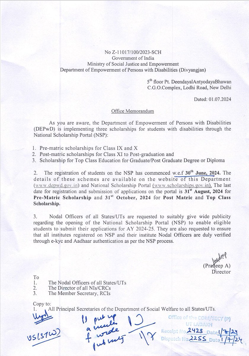 Scholarships for students with disabilities through the National Scholarship Portal (NSP).
<a href="/Info_Ladakh/">DIRECTORATE OF INFORMATION (LADAKH)</a> 
<a href="/DDNewslive/">DD News</a> 
<a href="/ddnewsladakh/">DD NEWS LADAKH</a> 
<a href="/airnewskargil/">Radio News Kargil</a> 
<a href="/PIBSrinagar/">PIB in Jammu Kashmir & Ladakh</a>