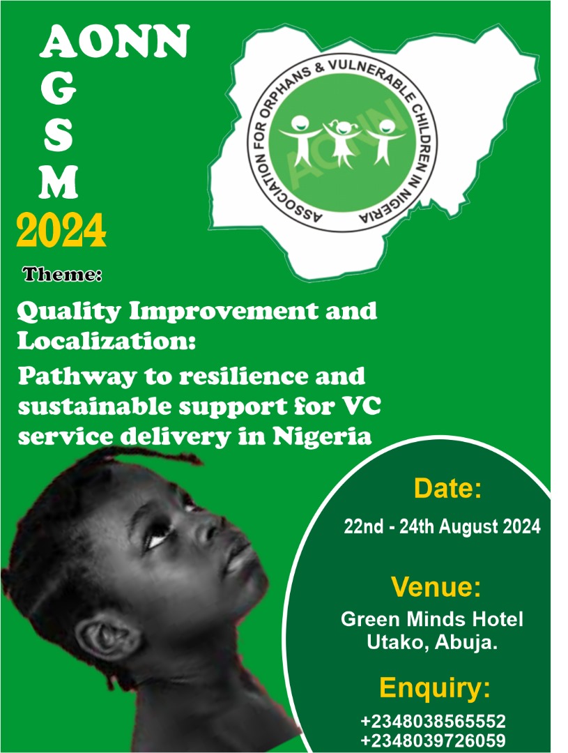 Countdown to the Annual General Scientific Meeting of Association for Orphans and Vulnerable Children! 

On the 22nd -24th August, practitioners and stakeholders will gather in Abuja to redefine paths to strengthening OVC programming and sustainability. 
#AGSM24 #AONNNaija