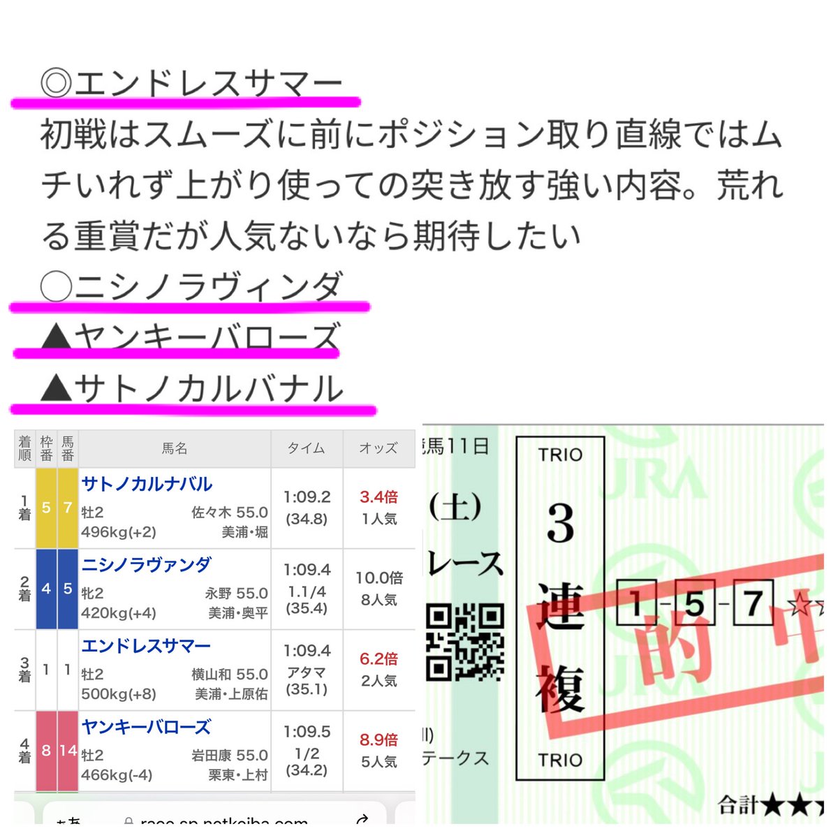 666yamikeiba's tweet photo. お疲れ様です😌

函館2歳S◎◯▲完璧的中🎯
無料スキ馬◎サンライズシア🥇
安達太良Ｓ ◎パウオレ激絞1点大的中🎯
他激絞ﾜﾝﾂｰｽﾘｰ完璧的中🎯

重賞3連続的中継続中😆🔥

明日も平場激絞＆函館記念
しっかり当てれるよう予想頑張ります🧑🏻‍💻

【フォローいいねリポスト】より
函館記念or平場有料📖10名ﾌﾟﾚｾﾞﾝﾄ🎁

〆切23時59分まで