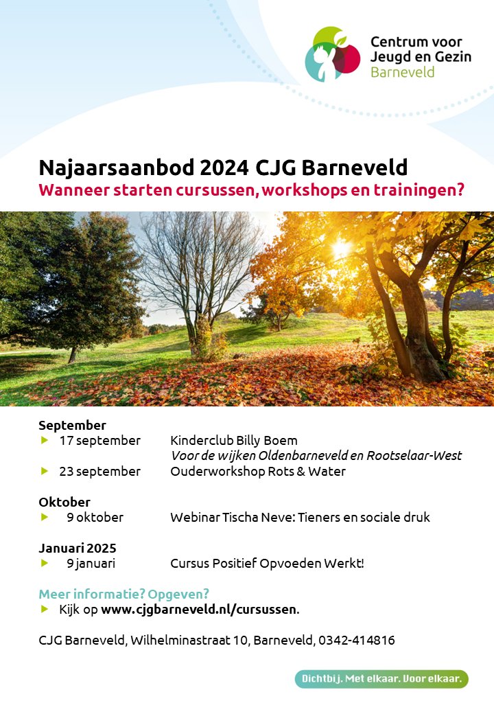 Heb jij je al opgegeven voor één van onze nieuwe cursussen, workshops of webinars?
Check ons najaarsaanbod op cjgbarneveld.nl/cursussen.
Fijn weekend!