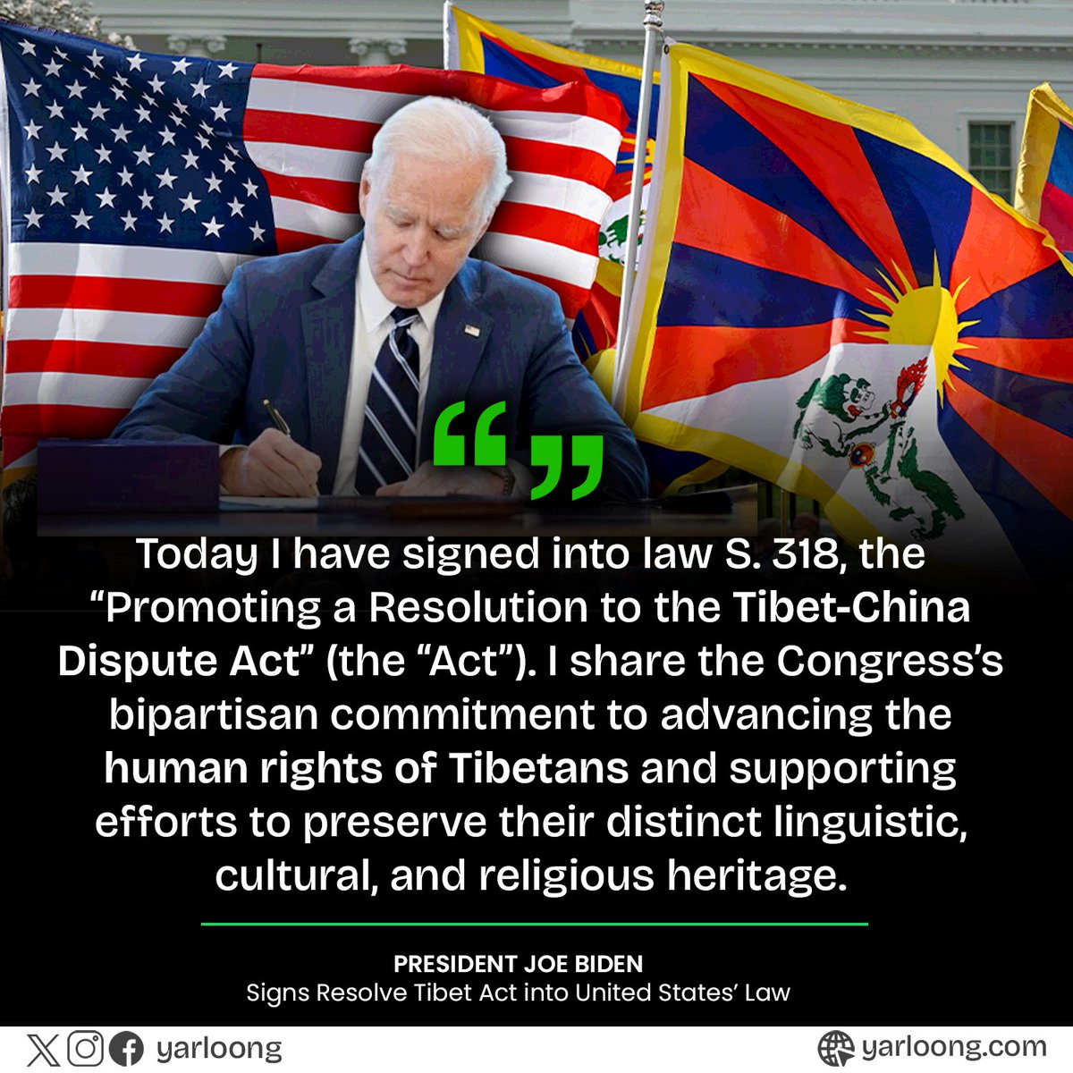 yarloong's tweet photo. President Biden Signs 'Resolve Tibet Act' into Law 🇺🇸📝
This act reinforces USA's dedication to Tibetan rights and aims to foster dialogue for a peaceful resolution between Tibet and China.
#SupportTibet #ResolveTibetAct #JoeBinden #USChina #TibetanRights #yarloong https://t.co/mvySuPkS6X
