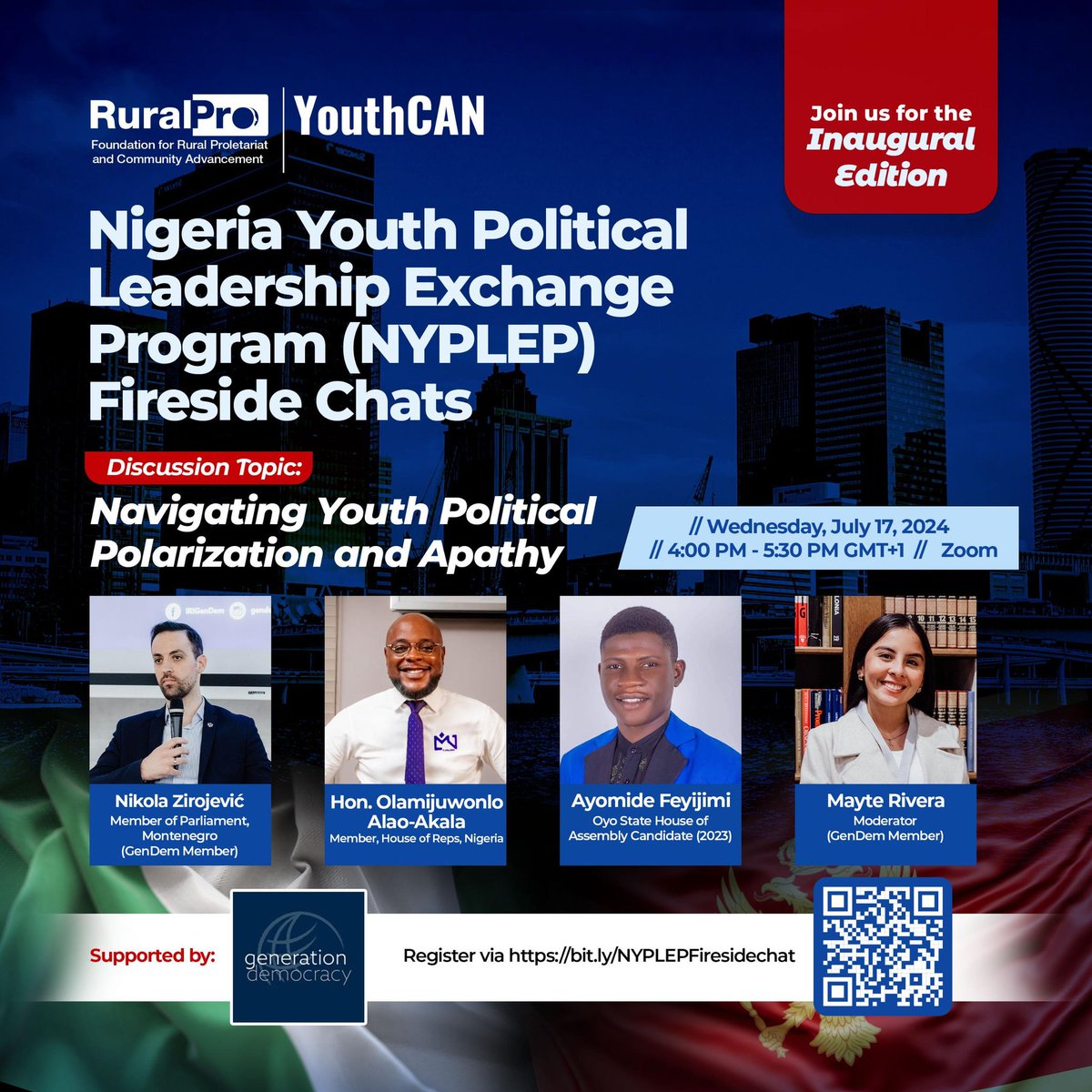 forRuralPro's tweet photo. We invite you to have a conversation with young political leaders: Hon. @lamijuakala (Member, House of Reps 🇳🇬), Member of Parliament @ZirojevicNikola 🇲🇪, @thebenfeyijimi 🇳🇬(State Assembly Candidate, 2023), &amp; @mayteriverale 🇪🇨.

🗓️: July 17

Sign up: https://t.co/5IzjHC4YXY https://t.co/qYTWe3kfyE