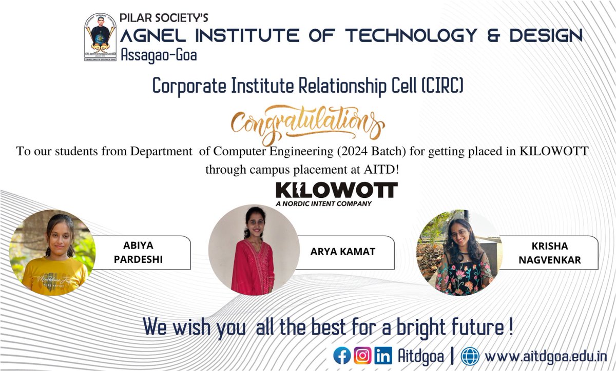 AitdGoa's tweet photo. 🎉 Congratulations to our Computer Engineering students for securing placements at @Kilowott  ! 🌟

Kudos to Abiya Pardeshi, Arya Kamat, and Krisha Nagvenkar! Best wishes for a bright future! 🎓✨

#AITD #Placements2024 #Engineering #Kilowott #BrightFutures #CampusPlacement https://t.co/ImrwXaqdC1
