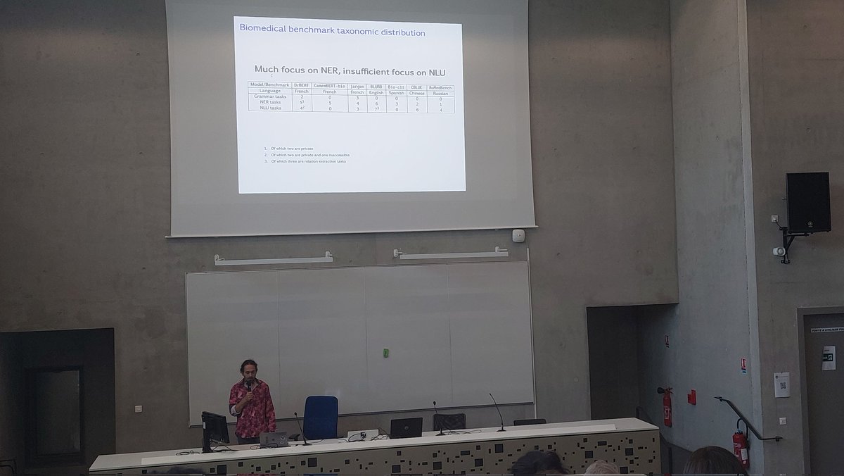 3ème et dernière présentation de la session, et on a terminé avec un papier RECITAL sur l'évaluation des benchmarking pour les modèles biomédicaux français avec Felix Herron