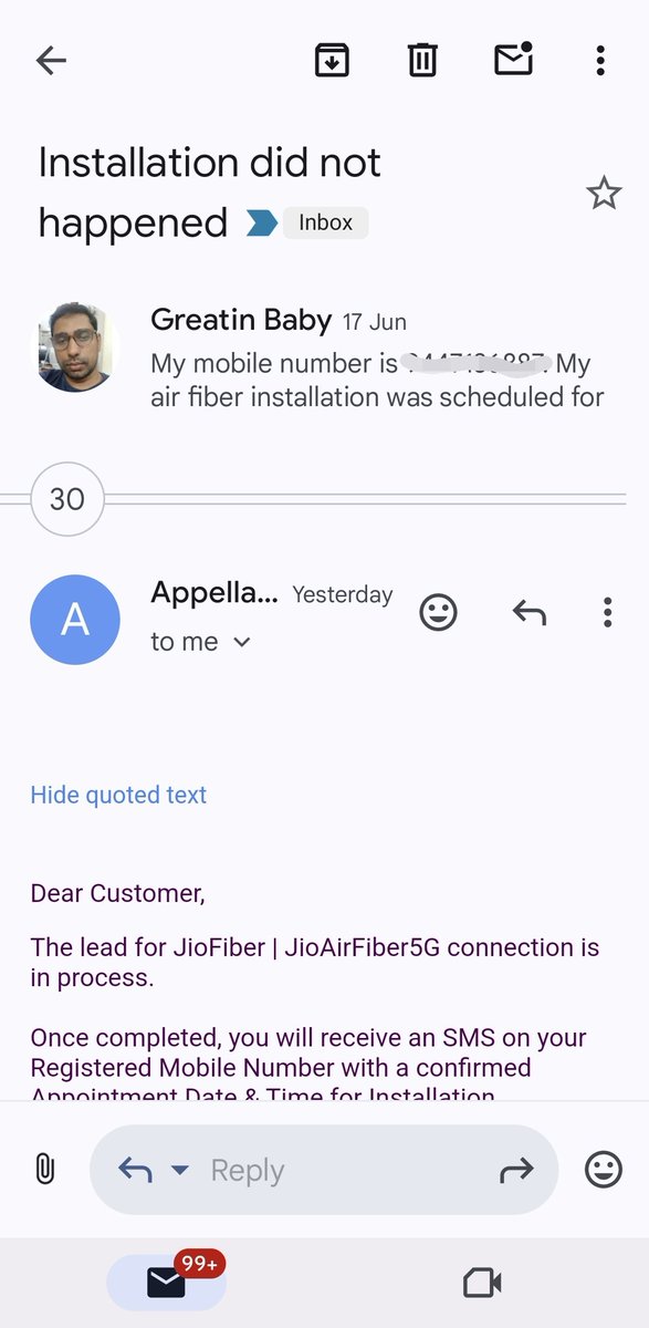 gr8n's tweet photo. @JioCare @reliancejio @_MukeshAmbani @JIOAIRFIBERIN 30+ mails to jio airfiber customer care, no use https://t.co/zWnIGWwZkY