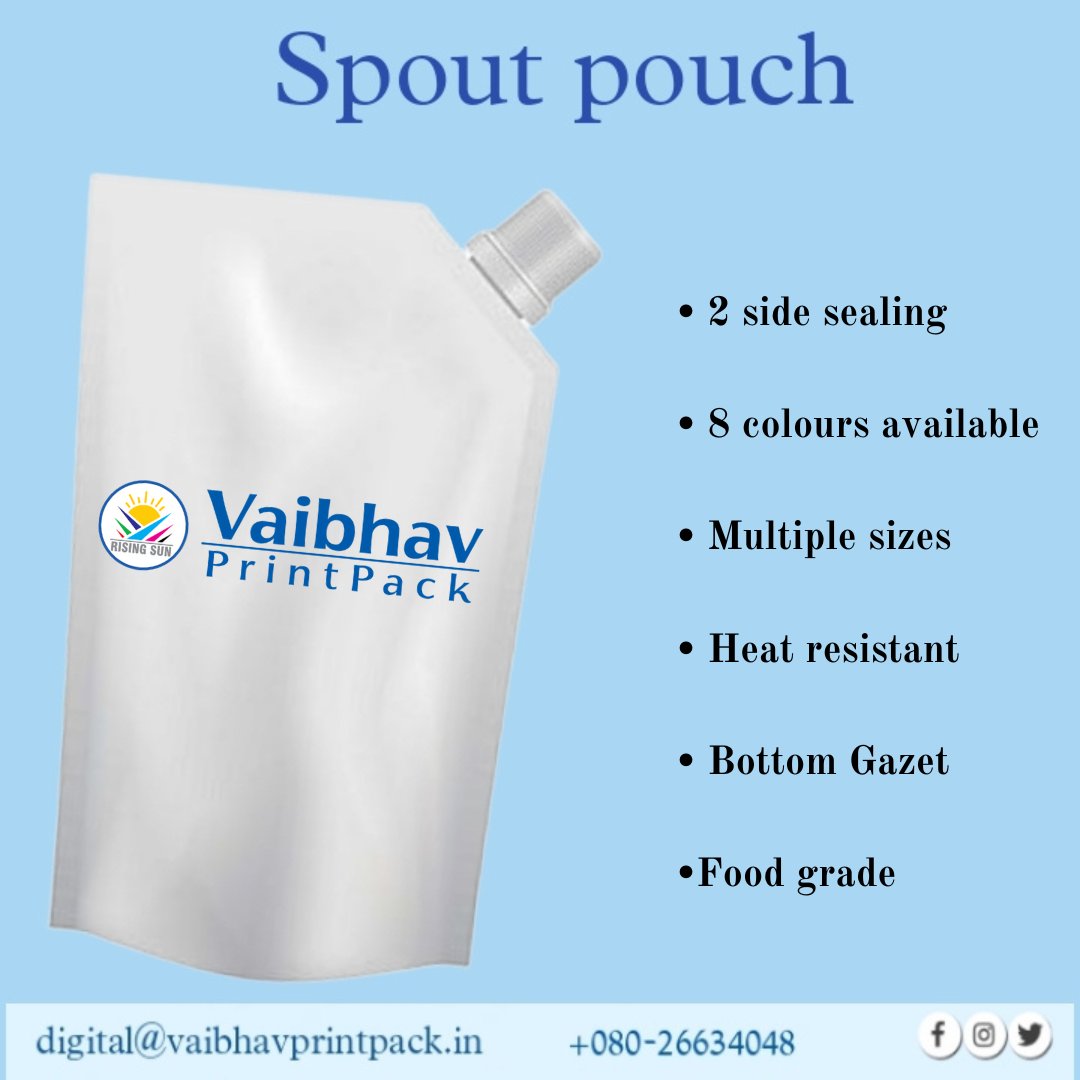 Vaibavprintpack's tweet image. Upgrade your packaging with Vaibhav PrintPack's versatile Spout Pouches! 🌟

Perfect for all your packaging needs!

Contact us at digital@vaibhavprintpack.in or call +080-26634048 for more information

#PackagingSolutions #SpoutPouch  #DurablePackaging #manufacturer #wholesaler