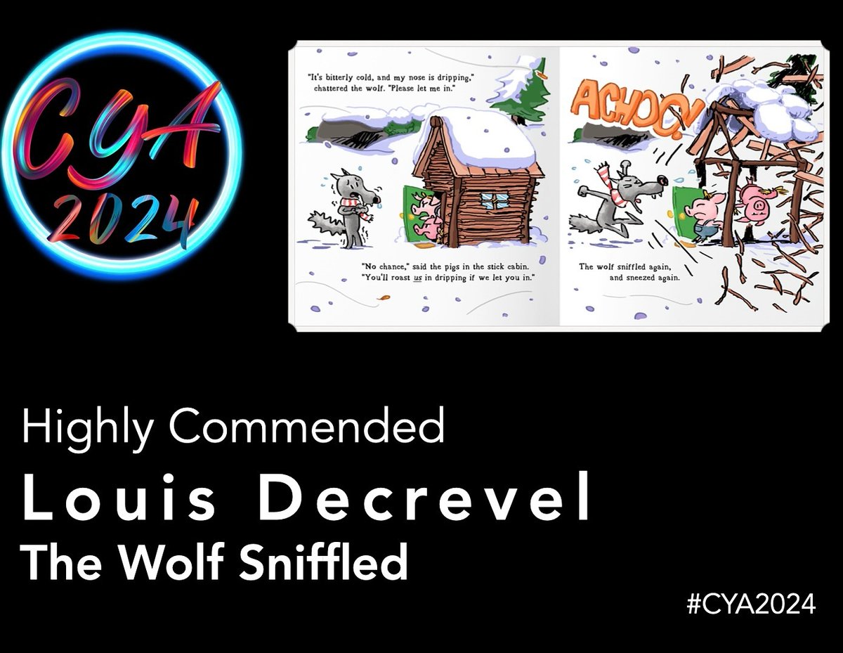 LouisDecrevel's tweet photo. Sweet! Haha 🤣 my sneezy wolf was highly commended in this year’s @CYAConference Illustration Competition 🐺💨

#kidlitart #amwriting https://t.co/wcKiyBONXt