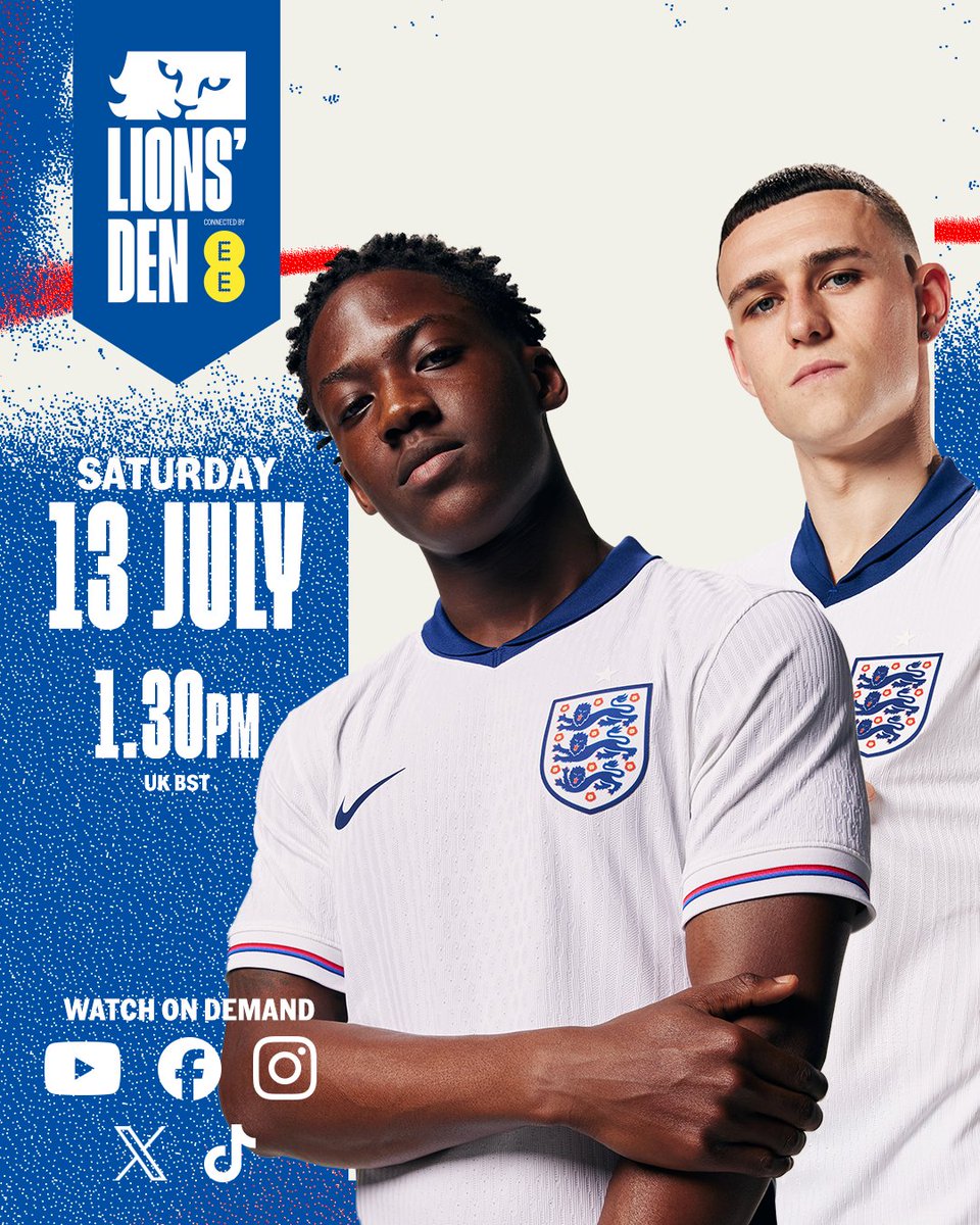 England's tweet photo. 🥁 On our final episode we're joined by... 

🙌 @PhilFoden &amp; Kobbie Mainoo

You can watch #LionsDen connected by @EE from 1.30pm (UK time). 📺 https://t.co/z9UZ6h11oQ