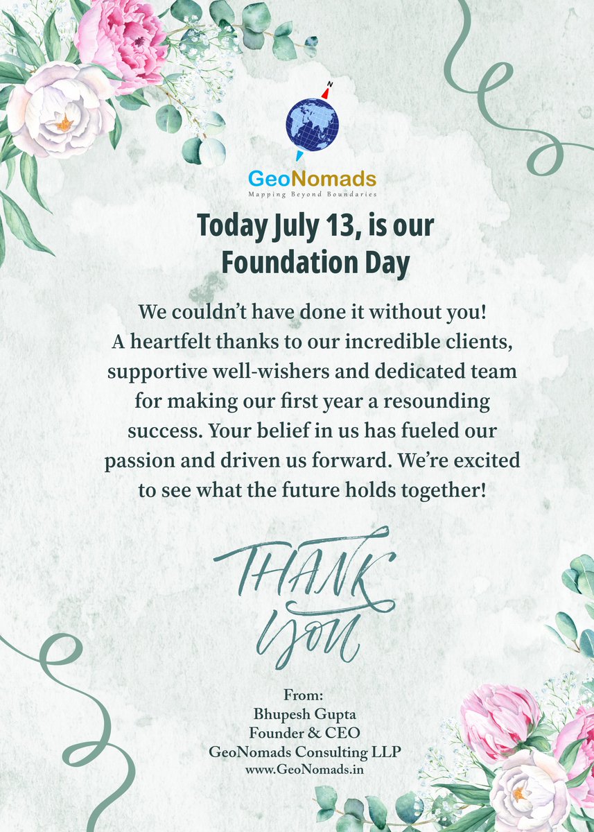 GeoNomads's tweet photo. Its one year since our incorporation! A very eventful first year! We are indebted to our clients, team, vendors &amp; wellwishers for all support! 
#GeoNomads #ThankYou #Foundation #Incorporation #RemoteSensing #GIS #Geospatial #GISforAll #SustainableFuture #EarthObservation https://t.co/fCFewYw2tW