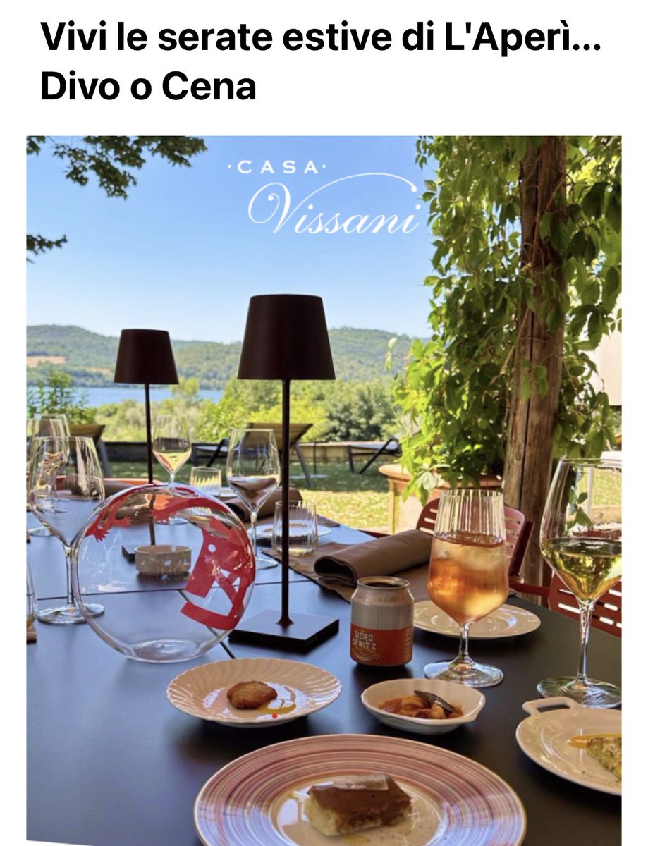 Ciao Amici di Casa Vissani 
Vi aspettiamo tutte le sere a L’Aperì … Divo o Cena, dal mercoledì al sabato, dalle 19:30 alle 21:30 per vivere insieme momenti magici, immersi nel verde vista lago della terrazza, nella magia di Casa Vissani.
Ti aspettiamo.
Casa Vissani