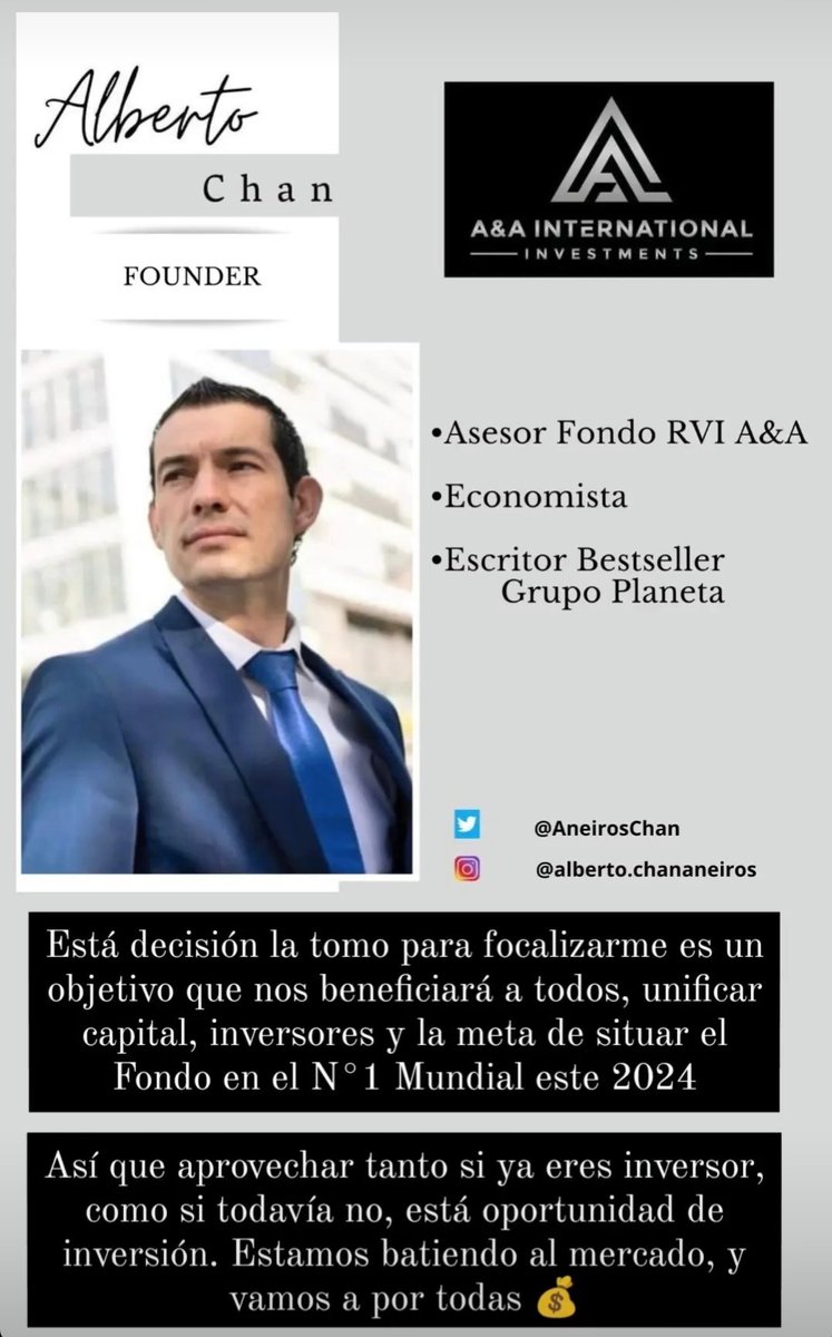 AneirosChan's tweet photo. Fondo A&amp;A International Investment disponible en https://t.co/Xcvw1o7PmU con el ISIN: ES0174115065 sin mínimo de capital ni permanencia.
¡Rentabiliza tu dinero de forma profesional!

#Fondos #FondoInversion #Inversion #trading #MetodoChan #MercadosFinancieros https://t.co/k63ben7n6W