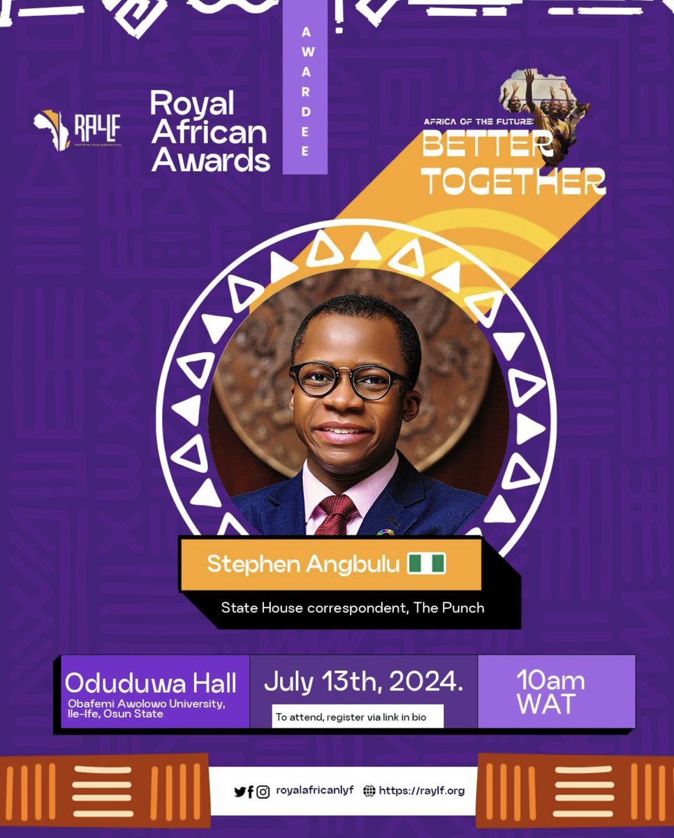 AngbuluStephen's tweet photo. I’m so honoured and pleased to announce that I have been nominated by His Imperial Majesty, Ooni Adeyeye Enitan Ogunwusi, Ojaja Il, the Ooni of Ife, for this year’s Royal African Awards honouring 100 trailblazing youths from about 40 African countries. ⁣

Consequently, I will be joining my distinguished counterparts from accross the continent at the Royal African Young Leadership Forum holding in lle-Ife, Osun State, Nigeria on July 13, 2024. ⁣

I am super grateful to His Imperial Majesty and the Royal African Foundation for this immense honour, and The PUNCH Newspapers for the enabling environment. ⁣

#RoyalAfricanAwards #RAYLF2024
#OoniofIfe Happy 90th #WoleSoyinka90