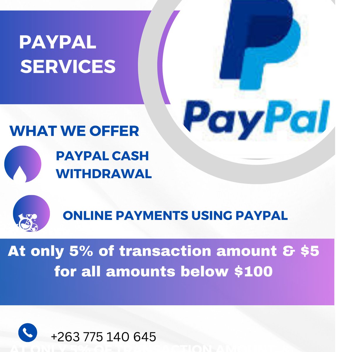 dpmutengwa's tweet photo. PAYPAL WITHDRAWALS -PAYMENTS 
......
If you wish to get CASH from your Paypal, get in touch.
If you want to make payments online using PayPal, get in touch.
You can get CASH in Harare, Masvingo, Gweru and Bulawayo or Ecocash.
.....
Contact: 0775 140 645 https://t.co/wpGIYeoKLt