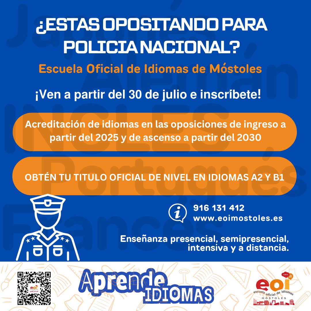 EOIMOSTOLES's tweet photo. 🟢 ¿Estas opositando para #PoliciaNacional?  
Se solicita la acreditación de idiomas en las oposiciones de ingreso a partir de 2025 y de ascenso a partir de 2030.  

🔴 Certifica tu titulo de nivel A2 Y B1.

📲https://t.co/whb5V2cQ7z https://t.co/JIwrSfpCZh