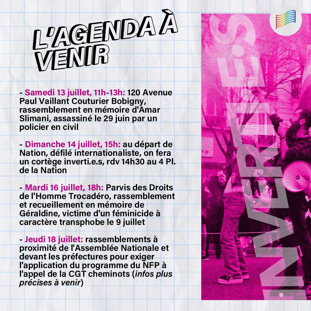 inverti_e_s's tweet photo. Nos prochains rendez-vous, et le premier est en cours ✊ on vous retrouve aujourd’hui, demain et les jours qui suivent!! ✊🏳���‍🌈🏳️‍⚧️🇵🇸🇳🇨🇨🇩🔻 https://t.co/pRK2Vxqj0U