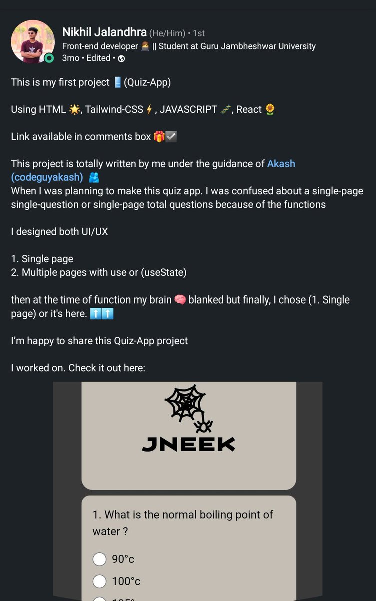 codeguyakash's tweet image. Congratulations Nikhil 🎉🎉🎉. This guy from Non-technical background but now he is amazing in coding.
Brilliant 👍👍
All the Best