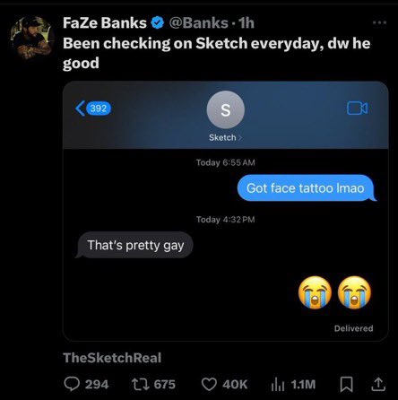 xGamingGeek's tweet image. SKETCH really said “that’s pretty gay” to Bank’s new tattoo.

#Sketch #Faze #Fazebanks #Banks