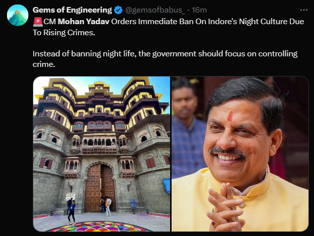 IndraVahan's tweet photo. 213 days in power & I'm yet to see Mohan Yadav make a single decision that makes sense.

Imagine banning 'night culture' in a city that's known for its midnight food streets.

Neighboring states fight for semicon plants while our leaders here kill whatever employment people already have.

MP/deacc is painful to watch.