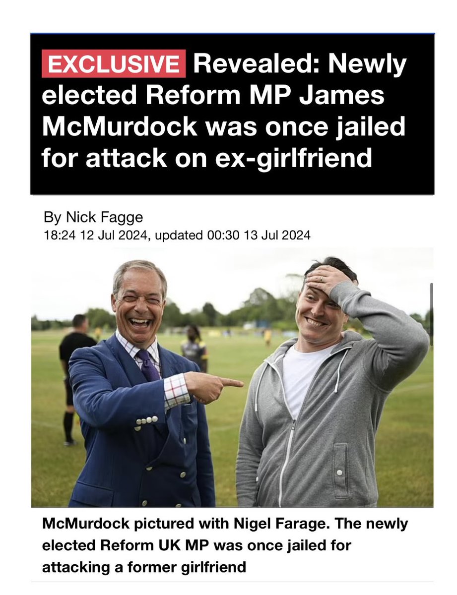 David_Challen's tweet photo. Reform MP was once jailed for attacking ex-girlfriend outside nightclub. James McMurdock pleaded guilty to one charge of assault. He has since likened the attack to a ‘teenage indiscretion’.

Reform confirmed that they KNEW of Murdock’s conviction when selecting him, but disputed the details of the assault.

Murdock launched the attack on his victim outside a nightclub. It was only brought to a halt after two doorman pulled him off her. Murdock denies the horrific details of the attack that left his former girlfriend with both injuries and lasting mental scars.

The mother of the victim said:

‘McMurdock is a monster. He left marks on her body.

'It took two security guards to pull him off her.

'There is no way he should be an MP in the House of Commons representing people.'

Men who beat women and deny the harm they caused do NOT deserve a place in our Parliament. 
➡️ https://t.co/2VOeK9Hans