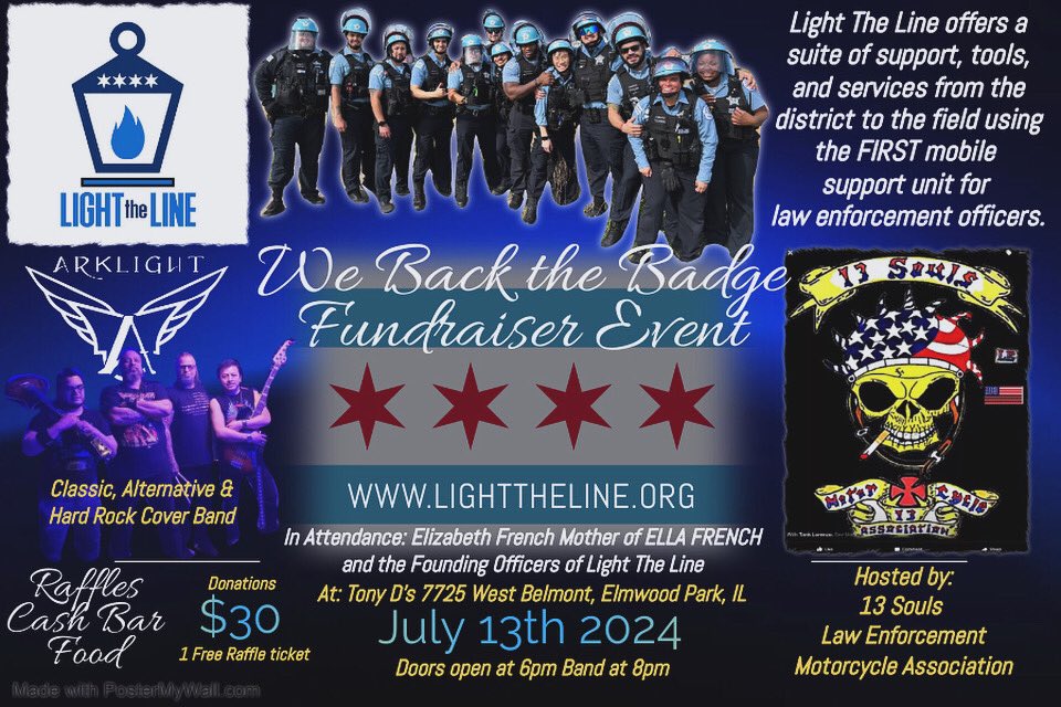 arklightchicago's tweet photo. Saturday July 7th fundraiser for @Lighttheline  a one of a kind organization honoring fallen @chicagopolice fallen officer Ella French! Uniformed officers Do not have to donate! Special thank you to @ElmwoodPark and @tonyds https://t.co/lBljTRFlOG
