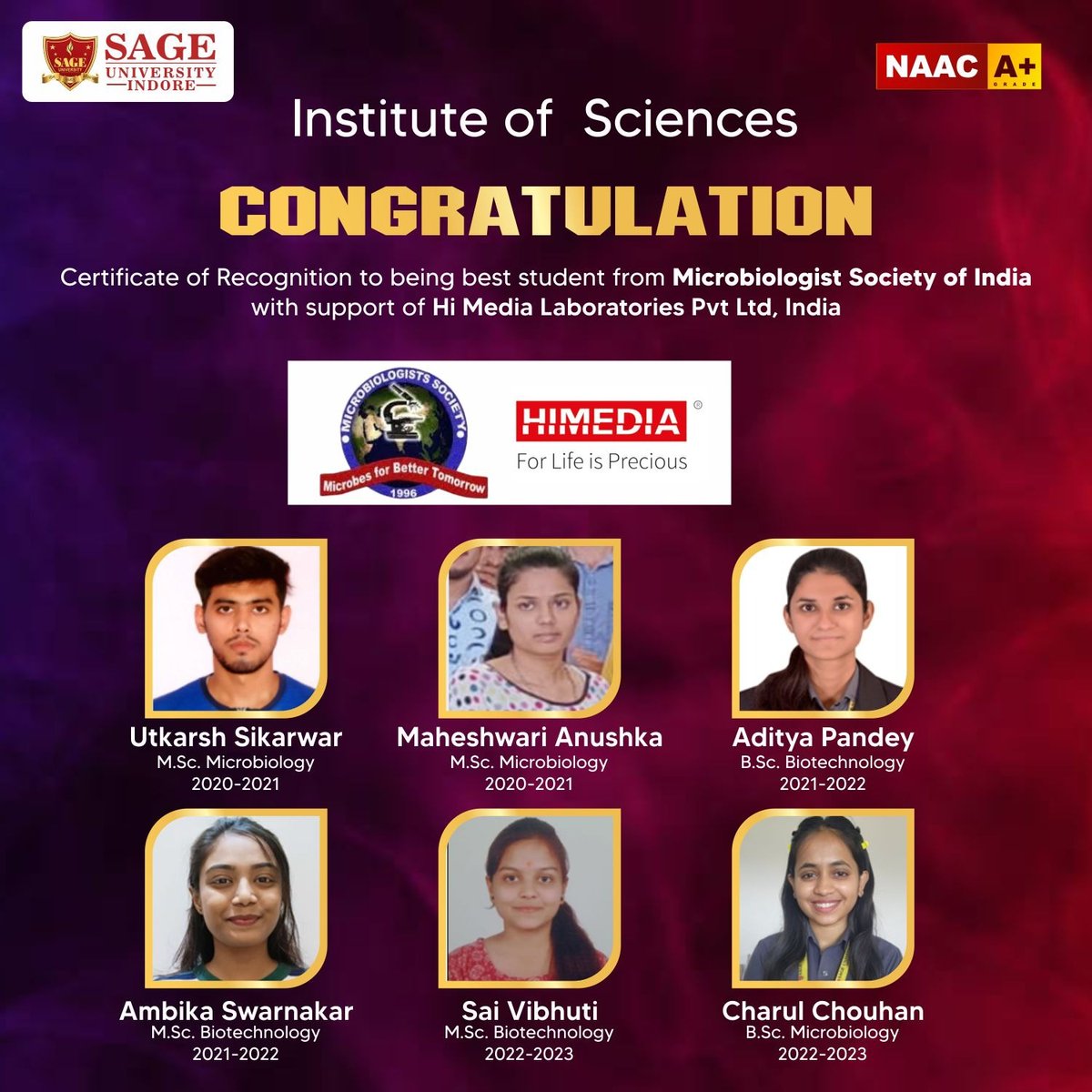 20jKumar's tweet photo. Received Best Student Award to our BSc &amp; MSc students of Department of #Microbiology and #Biotechnology, Institute of Sciences, @SAGE_INDORE (NAAC A+)  from Microbiologist Society of India. Congratulations to the all awardees.

https://t.co/dNtXJXxyUH
#InstituteofScience https://t.co/BK3rDQCtsB