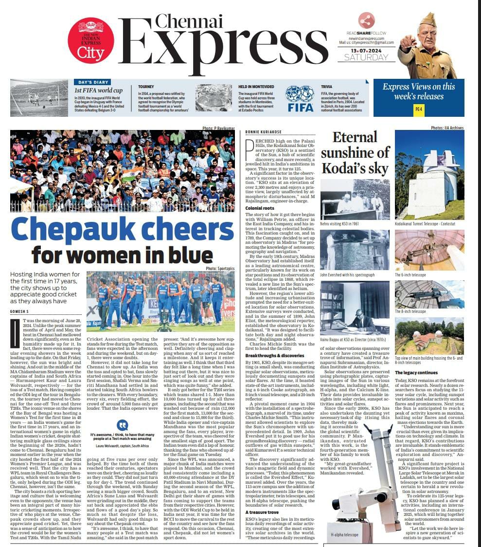 ron_of_kochi's tweet photo. Delighted to see my copy on Kodaikanal Observatory on the front page of Chennai Express. Thanks @AntoJoseph, @Anushree_TNIE.

Perched high on the Palani Hills, KSO is one of the oldest observatories in the world, home to the most extensive solar archives. It turned 125 this yr.

Online 🔗: https://t.co/YW5DzM39MT

@xpresskerala @xpresstn @pendown @rajeshravi71 @krishna_suma_ @IIABengaluru @doot_iia @PrinSciAdvOff @CosmosMysuru @RRI_Bangalore @asipoec @fiddlingstars @Indus_SolPhy @CosmicVarta @santwana99 @Senthil_TNIE @tniefeatures @NewIndianXpress