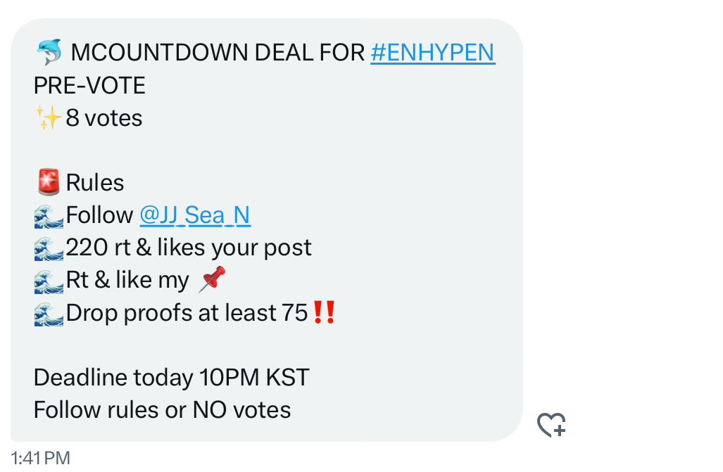 meantforpsh_'s tweet image. 🐬 MCOUNTDOWN DEAL FOR #ENHYPEN 
PRE-VOTE 
✨8 votes

🚨Rules
🌊Follow @JJ_Sea_N
🌊220 rt &amp;amp; likes
🌊Rt &amp;amp; like @JJ_Sea_N’s 📌 
🌊Drop proofs at least 75‼️

Deadline today 10PM KST 
Follow rules or NO votes.