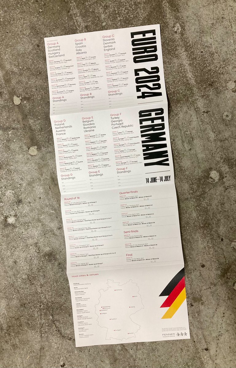 FennerPaper's tweet photo. The #EURO2024 wall chart is nearly complete …just need to write in the final score! Come on England #zetapaper #reflexpaper @MrDaveCoates. Read more here… https://t.co/idAE8RO2vF https://t.co/lp66PTrFCI