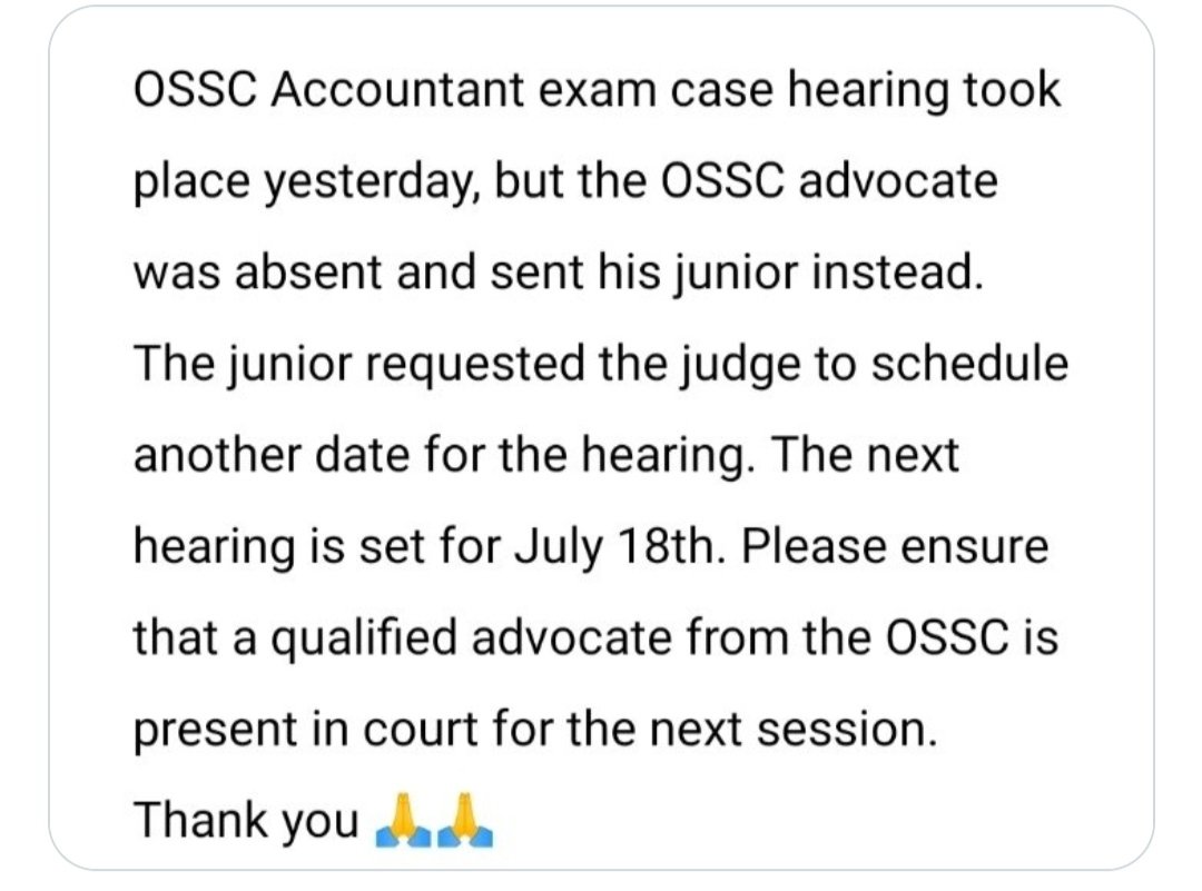 Arminta48649068's tweet photo. Dear @abhayips86 sir 🙏. I am an accountant 2022  aspirants. We are waiting for the results since January 2024. OSSC is definitely taking expeditious step to vacate the stay order of accountant 2022 . please sir try to ensure a senior advocate to be present in court on 18 th July https://t.co/WWOxJpO2iI
