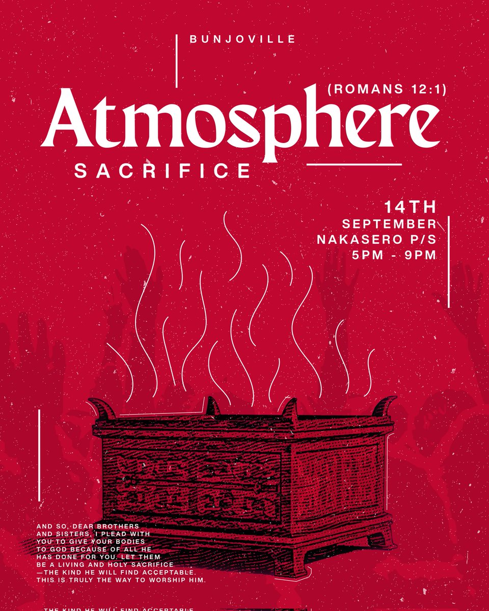 BunjoVilleUg's tweet photo. BunjoVille Presents Atmosphere worship experience 🥳
We are excited and we are looking forward to seeing U on 14th September at Nakasero primary school 📆
Come let's worship and fellowship together 🙌🏽
The Countdown starts now ⏱️
Lesssgooo 💨
#atmosphere #sacrifice #bunjovilleug https://t.co/dOCqrQ6vQK