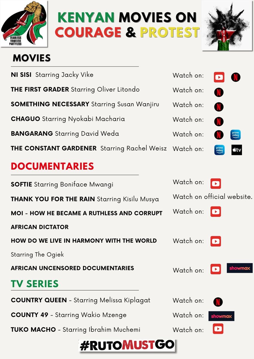 QueenGathoni's tweet photo. Here are Kenyan films and tv shows you can watch this weekend even as we prepare to March on Tuesday. #RutoMustGo https://t.co/soG1jznGJh