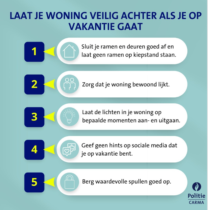 ☀️ Vertrek zorgeloos op vakantie!
Gebruik onze tips om je huis veilig achter te laten en inbraken te voorkomen! 🏠