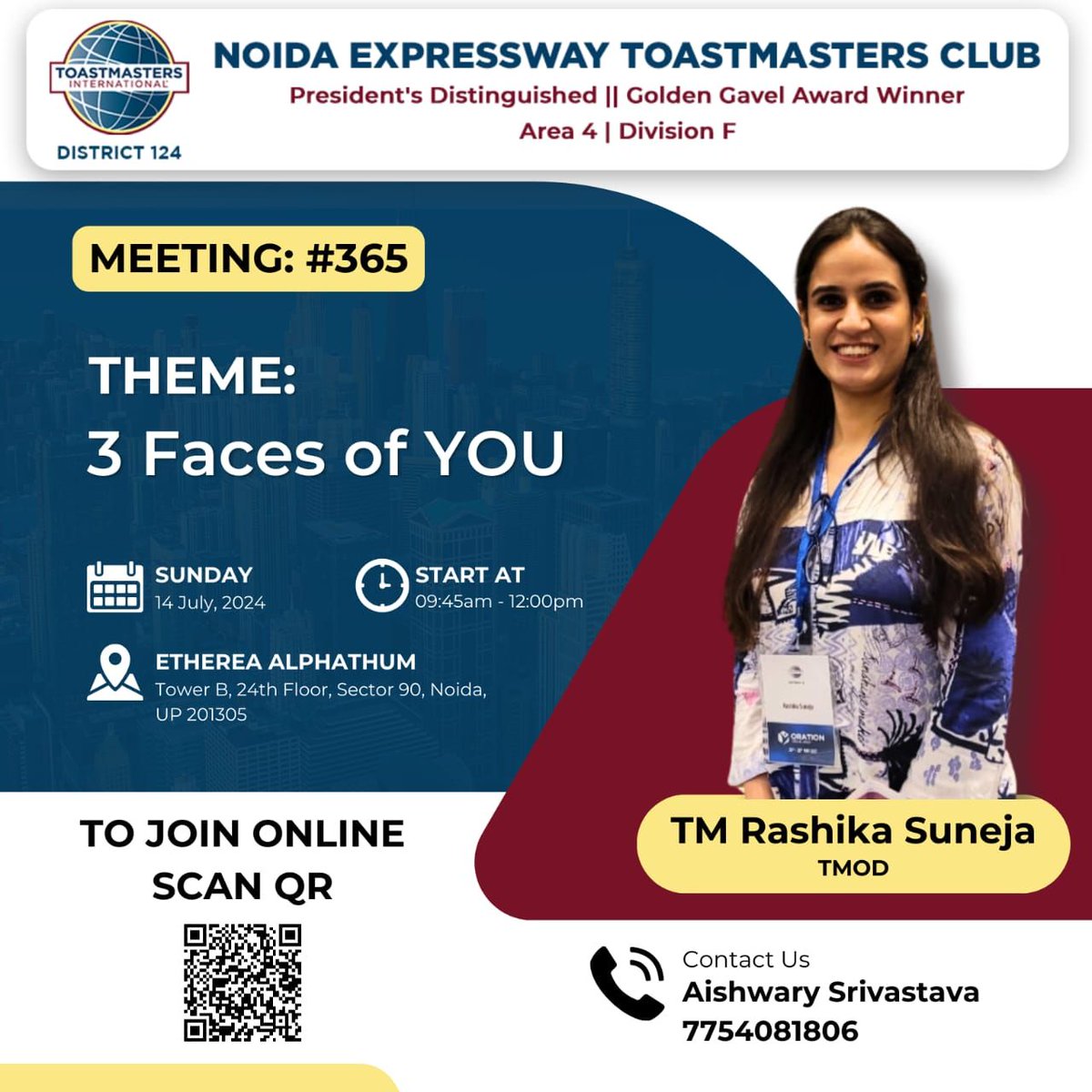 NoidaETMC's tweet photo. 🎉 Exciting Announcement! Join Us at Noida Expressway Toastmasters Club Meeting! With a focus on our three faces 😀

📅 Date: 14th July, 2024

⏰ Time: 9:30 AM - 12:00 PM

📍 Offline Venue: Etherea ALPHATHUM, Tower B, 24th Floor, Sector 90, Noida, Uttar Pradesh 201305 https://t.co/pfKyEbVfEj