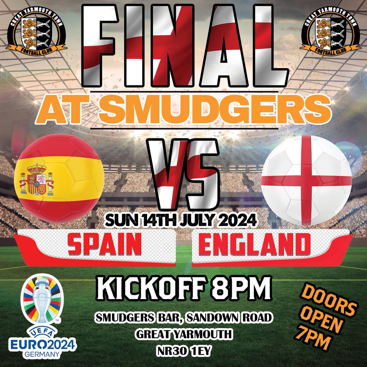 It's Euro 2024 Final Time
The moment we've all been waiting for is almost here!  It's the Euro 2024 Final and the Three Lions are taking on Spain in a battle for glory! Join us at Smudgers Bar!
Doors open at 7pm
#Euro2024Final #England #Spain #ItsComingHome #SmudgersBar