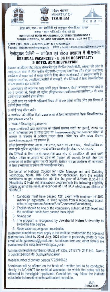 Admission open for Residual seats in BSc Hospitality and Hotel Administration.