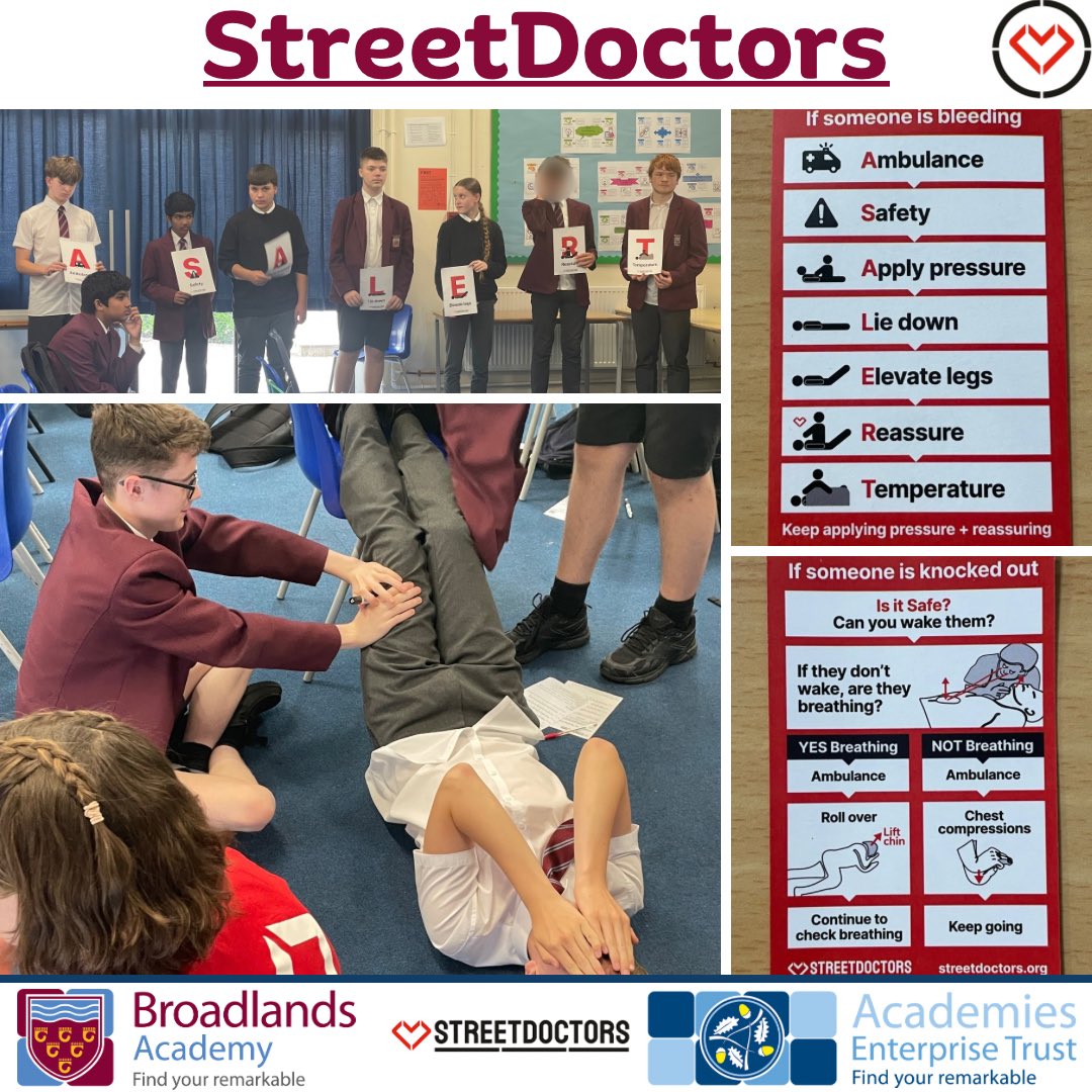 LiftBroadlands's tweet photo. What to do if someone is bleeding: 
Students in Year 9 and 10 had a brilliant session from @streetdoctorsbristol where they learnt how to call an ambulance and stem blood loss until medical help arrives. 
#broadlands_community #oneaet @streetdoctors https://t.co/KKBRnzNUDL