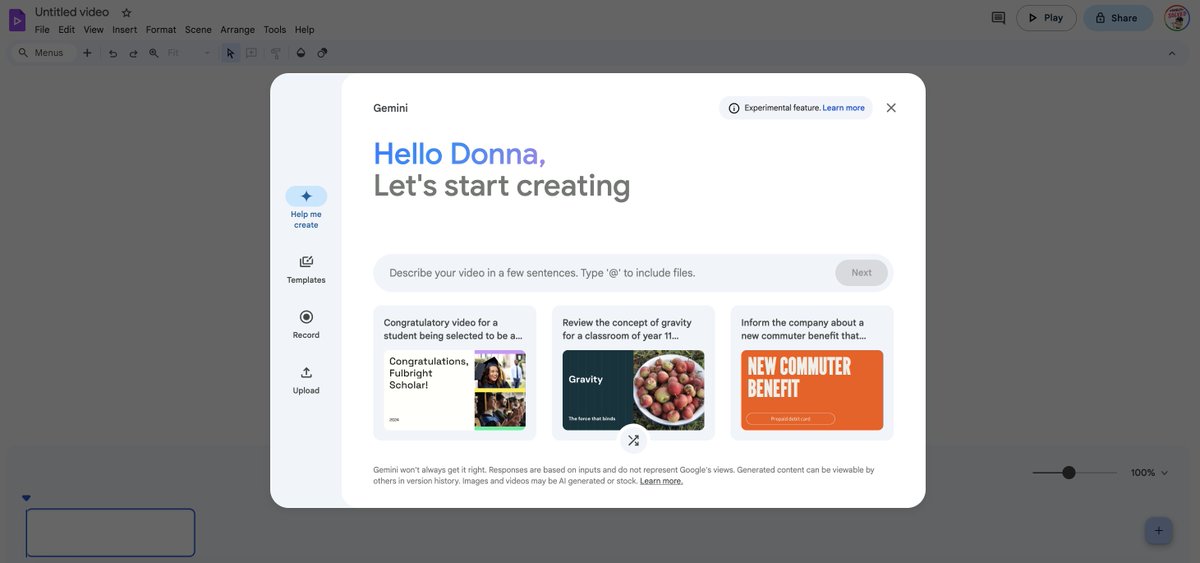 Just a tad excited to find this in my account today 😉
#Google Vids is going to be a gamechanger in many ways - I love that it continues to encourage creativity, with scaffolds 👍
Create a video right from within your Drive on your #chromebook
 @betchaboy <a href="/kehall16/">Kimberley Hall</a> <a href="/crispy_smith/">ѕteve sмιтн 🌍🇳🇿</a>