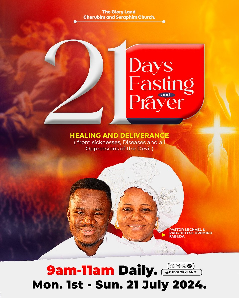 thegloryland's tweet photo. Tomorrow Sunday 14th July is day 14 of our 21 days Fasting and Prayers.

HEALING AND DELIVERANCE (from sicknesses, diseases and all oppressions of the devil)

Join Us. 9am-12noon https://t.co/M0o8TeqT91