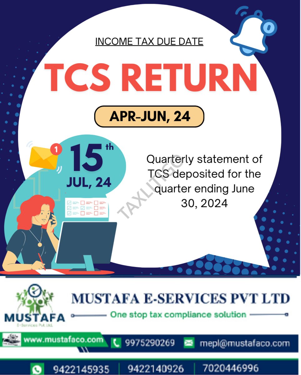 meplchd's tweet image. Quarterly statement of TCS deposited for the quarter ending June 30, 2024

TCS Return #TCSReturn #TaxCollectedAtSource #TCSFiling #TaxCompliance #IncomeTax #TaxReturns #TaxFiling #GSTCompliance #BusinessTax #FinancialRegulation