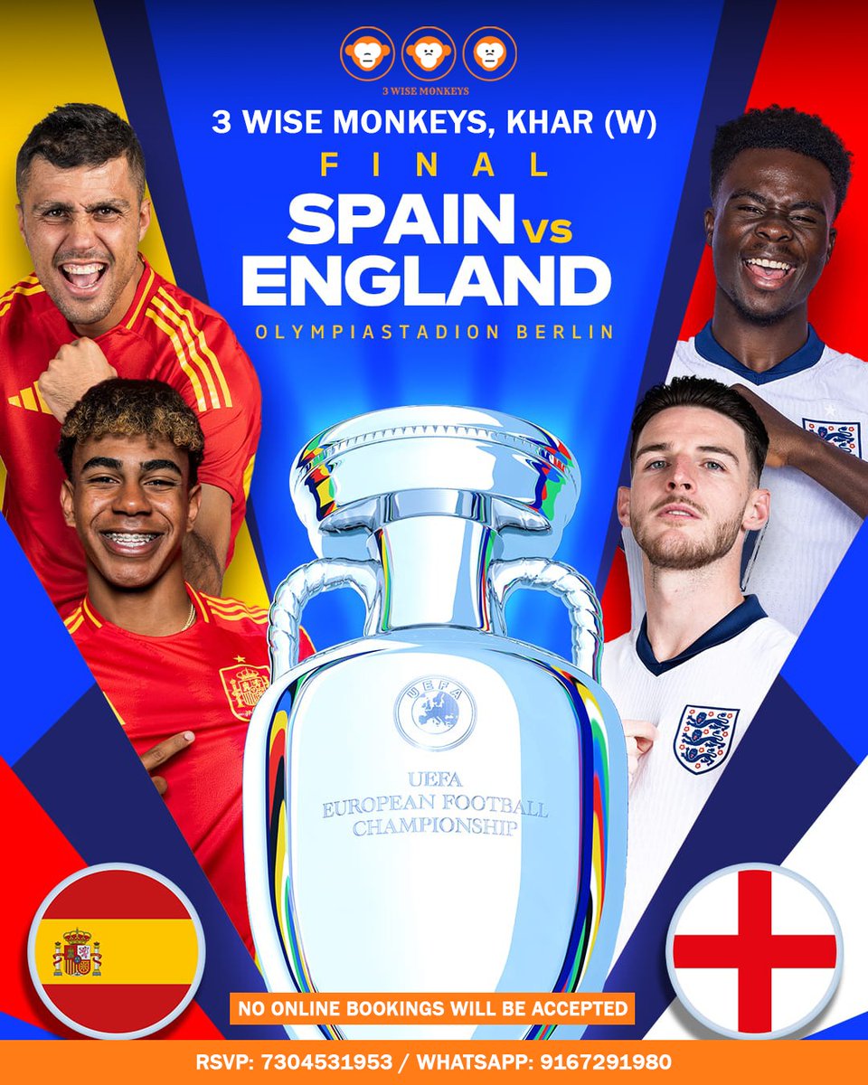 Screening the FULL #Euros2024 Finals at <a href="/3WiseMonkeys_in/">3 Wise Monkeys</a> #3wmKhar Whatsapp on 9167291980 to make reservations or just walk in. Please note that, any online reservations made won't be valid.  #England 🏴󠁧󠁢󠁥󠁮󠁧󠁿 #Spain 🇪🇦

Entry for the screening starts 10pm onwards